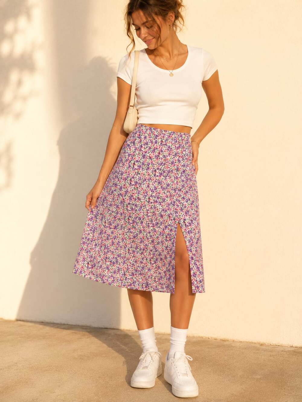 Floral Midi Skirt M Cottagecore Coquette Fairycore Prairie Front Slit A-Line